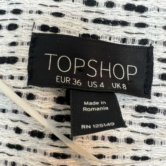TOPSHOP Tweed Open Front Blazer Jacket sz 4 White Black Zipper Pockets Academia - Picture 8 of 8